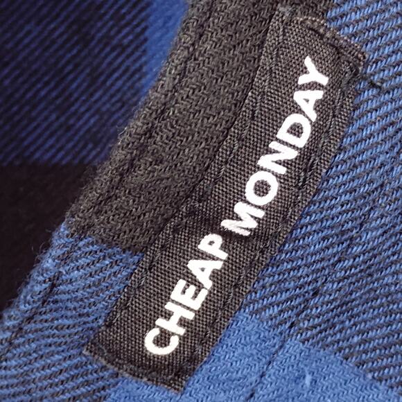 Cheap Monday Flannel Shirt Dress Medium Blue and Black Long Sleeve Button Down - Picture 8 of 11